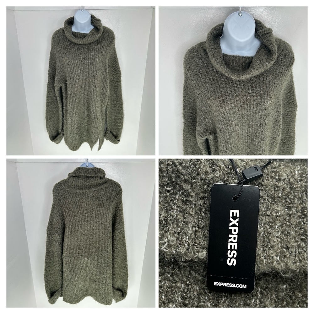 Express NWT Oversized‎ Green Fuzzy Knit Turtle Neck Sweater Size Small Cozy $70